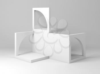 Abstract white architectural installation. Cube blocks construction with arches, 3d rendering illustration