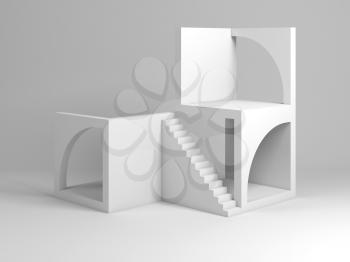 Abstract white architectural installation. Cube blocks with arches and stairway, 3d rendering illustration