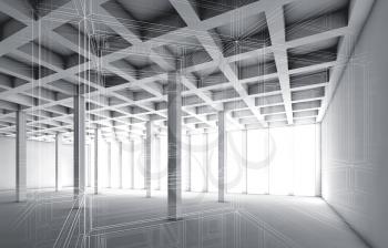 Abstract architecture background with perspective view of open space room, 3d illustration with wire frame effect