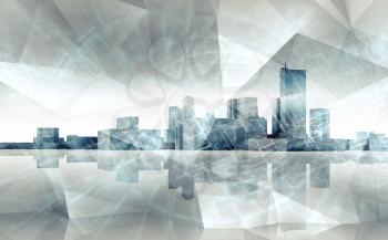 Abstract modern cityscape skyline. Blue toned 3 d illustration with reflection on ground and chaotic polygonal structures layer, multi exposure effect