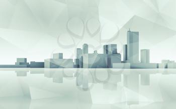 Abstract modern cityscape skyline. Blue toned 3d render with reflection on ground and polygonal structure layer