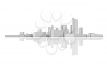 Abstract modern cityscape skyline. 3 d model isolated on white background with soft reflection over ground