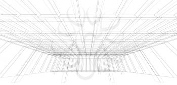 Digital wide angle background, empty 3d room interior structure, wire frame lines over white background