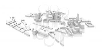 Abstract modern cityscape 3d model isolated on white background with soft reflection over ground