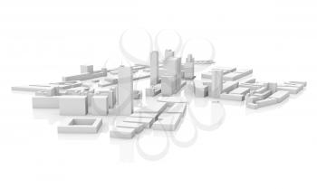 Abstract modern cityscape 3d model isolated on white background with reflection