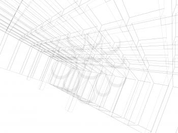 Digital graphic background, empty 3d room interior structure, wire frame lines over white background
