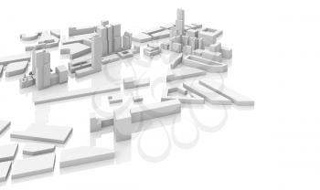 Abstract modern cityscape 3 d model isolated on white background with soft reflection over ground