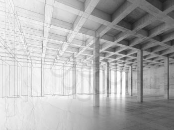 Abstract architecture background with interior of open space concrete room, 3d illustration, wire-frame effect