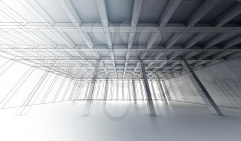 Abstract architecture wide angle background with perspective view of open space concrete room, 3d illustration with wire-frame lines