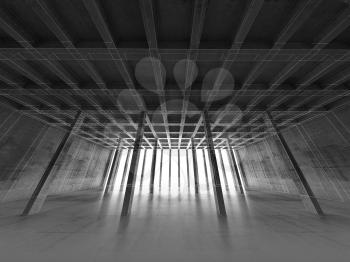 Abstract architecture wide angle background with perspective view of open space concrete room, 3d illustration, wire-frame effect