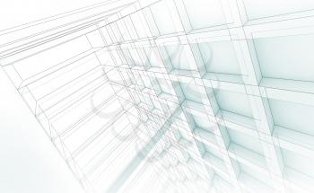 Abstract architecture background with perspective view of modern structure, 3d illustration, wire-frame effect