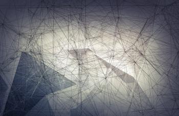 Abstract digital background with wire-frame mesh over gray polygonal background, 3d illustration