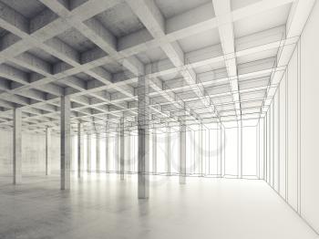 Abstract architecture background with perspective view of empty open space concrete room, 3d illustration, wire-frame effect