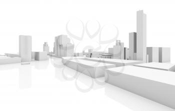Abstract modern cityscape 3d model isolated on white background with soft reflections over ground