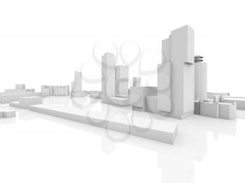 Abstract modern cityscape 3d model isolated on white background with reflections over ground
