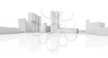 Abstract modern cityscape skyline, 3d model isolated on white background with soft reflection over ground