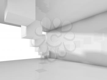 Abstract interior design with cubes installation. Empty white modern architecture background, 3d illustration