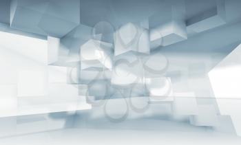 Abstract blue and white background with chaotic cubic structures, 3d illustration, multi exposure effect