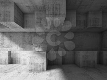 Abstract interior design with chaotic cubic structure. Modern concrete architecture background, 3d illustration