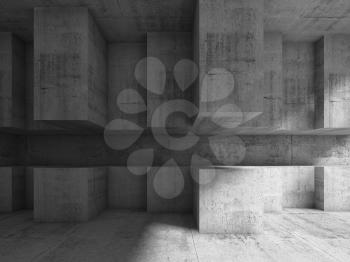 Abstract interior design with cubic installation on the wall. Modern concrete architecture background, 3d illustration