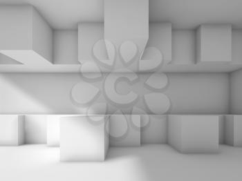 Abstract modern interior design with cubic installations. White architecture background, 3d illustration