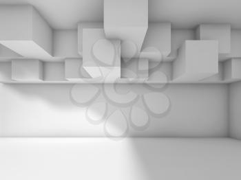 Abstract modern interior design with cubic ceiling installation. White architecture background, 3d illustration
