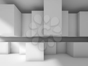 Abstract modern interior design with cubic installation on the wall. White architecture background, 3d illustration