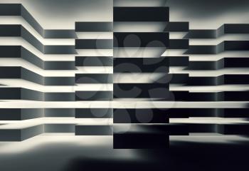 Abstract dark interior design with creative illumination. Modern architecture background, digital 3d illustration