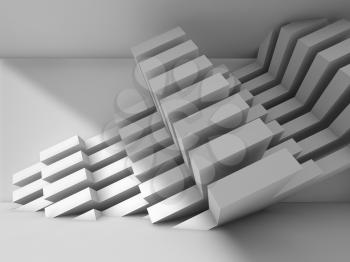 Abstract modern interior design with geometric installation on the wall. White architecture background, 3d illustration