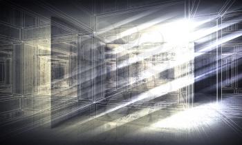 Abstract digital interior 3d background, perspective wire-frame view of dark corridor