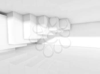 Abstract interior design with cubes construction. Empty white modern architecture background, 3d illustration