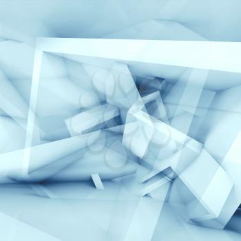 Abstract blue and white square background with chaotic cubic structures, 3d illustration, multi exposure effect