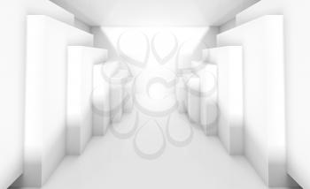 Abstract white interior perspective with cubes installation along walls. Empty architecture background, 3d illustration