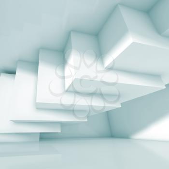 Abstract room interior design with intersected cubes installation. Empty architecture background, 3d illustration
