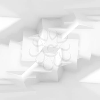 Abstract white digital background with chaotic cubic structures, square composed 3d illustration