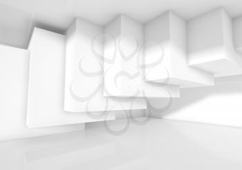 Abstract white interior design with intersected cubes installation. Empty architecture background, 3 d illustration