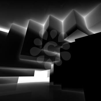 Abstract black interior design with shining cubes installation. Empty architecture background, 3d illustration