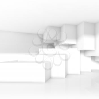 Abstract interior design with cubes installation. Empty white modern architecture background, 3d illustration