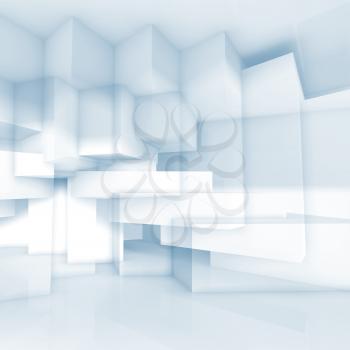 Abstract blue and white background with chaotic cubic structures, 3d illustration, double exposure effect
