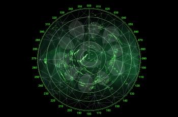 Modern radar screen with green round map and digital wire frame surface on black background