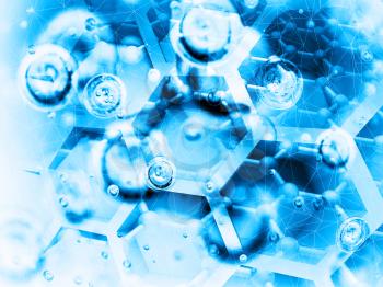 Science background illustration, bright blue chemical molecular structures