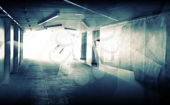 Abstract underground corridor interior with glowing end and polygons illumination