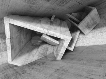 Concrete room interior with chaotic cubic structures. Abstract architecture background, 3d illustration