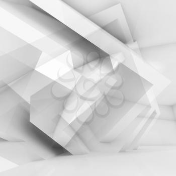 Abstract white digital background with chaotic geometric structures, square 3d illustration, multi exposure effect