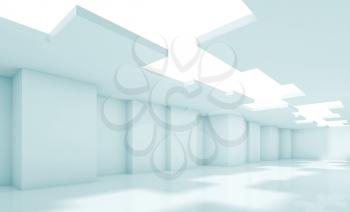 Abstract modern interior design with corners and ceiling illumination. Architecture background, blue toned 3d illustration
