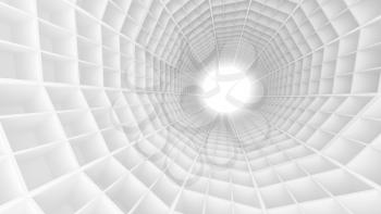 White tunnel interior with technological extruded tiles and glowing end. Digital 3d illustration