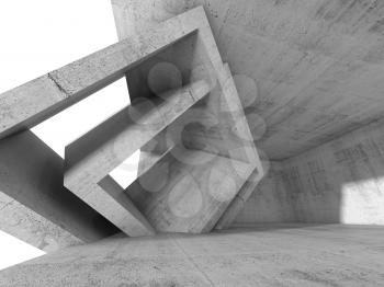 Concrete room with cubic interior structures and white empty windows. Abstract architecture background, 3d illustration