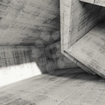 Concrete room interior with cubic structures and sun beam. Square abstract architecture background, 3 d illustration