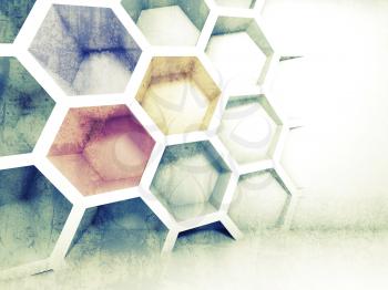 Abstract colorful 3d interior with honeycomb on the wall