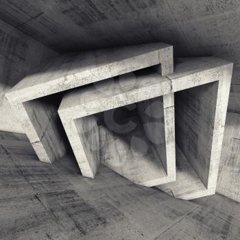 Abstract concrete room interior with chaotic cubic structures. Square abstract architecture background, 3d illustration